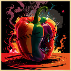 Burning hot pepper. Fiery spice, avant-garde bell pepper painting with intense abstract patterns and swirling smoke, vibrant colors symbolize flavor and heat. Colourful vibrant bell pepper, creative 