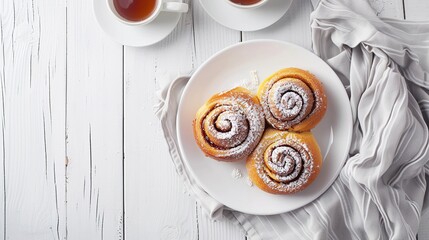homemade cinnamon rolls on plate on white wooden table