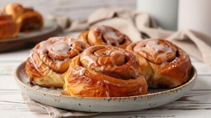 homemade cinnamon rolls on plate on white wooden table,