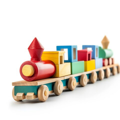 wooden toy train model made of blocks in many shapes isolated on white background сreated with Generative Ai