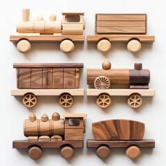 wooden toy train model made of blocks in many shapes isolated on white background сreated with Generative Ai