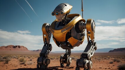 A yellow, multi-lens robot stands in a barren desert with sparse vegetation, under a clear sky with aircraft contrails

 - Powered by Adobe
