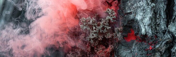 Close up of tree trunk texture with smoke