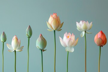Seven lotus flowers in various stages of bloom against a pale background.
