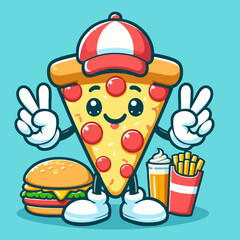 pizza cartoon with cap illustration logo