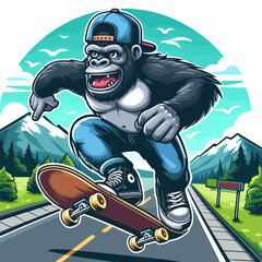 gorilla jump with skate board on road illustration