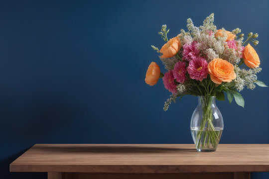 Wooden table with vase with bouquet of flowers near empty, blank dark blue wall. Home interior background with copy space
