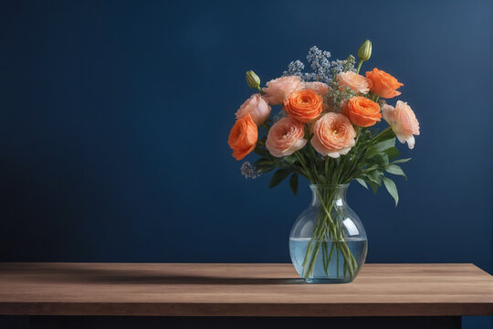Wooden table with vase with bouquet of flowers near empty, blank dark blue wall. Home interior background with copy space