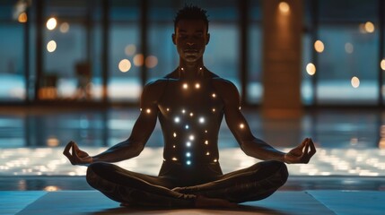Man sitting in meditation pose, wellness, energetic, aura, reiki, grid of light glowing from beneath skin, person of color, energy medicine, enlightenment, healing light, chakras, meridiens