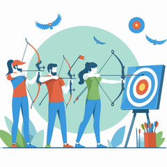 peoples are aiming arrows at the target board flat illustration