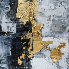 Detailed close-up of a piece of art featuring intricate brush strokes of gold paint on a canvas
