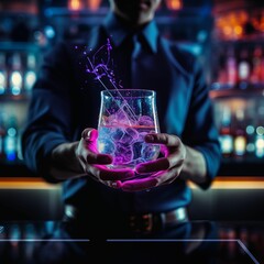 A bartender serves a futuristic drink. Close-up - obrazy, fototapety, plakaty