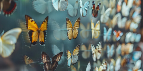 Wall Display of Varied Butterfly Specimens. Colorful butterflies in a curated wall exhibit,...