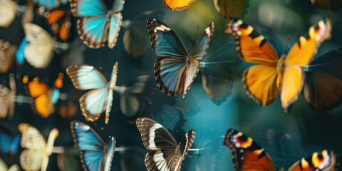 Wall Display of Varied Butterfly Specimens. Colorful butterflies in a curated wall exhibit, collection of butterflies for interior design. - obrazy, fototapety, plakaty