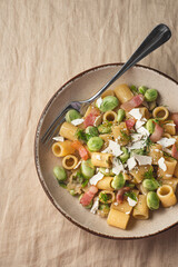 Sicilian traditional pasta with fave beans, green onions, pancetta, wild fennel and  ricotta salata  (salt ricotta). Poor cuisine, la cucina povera of Sicily.. Spring, Easter recipes, rustic style - 760525766