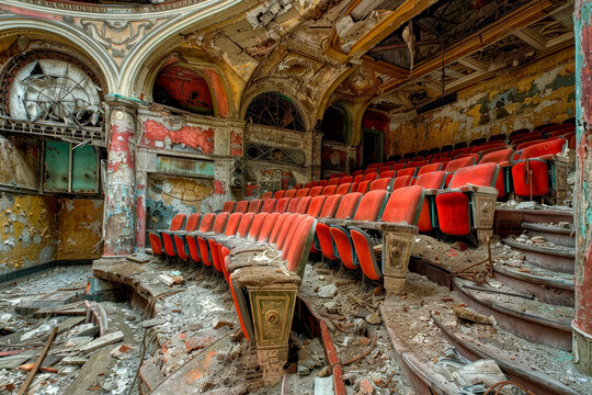 An abandoned auditorium with red seats and debris littering all surfaces, generative ai