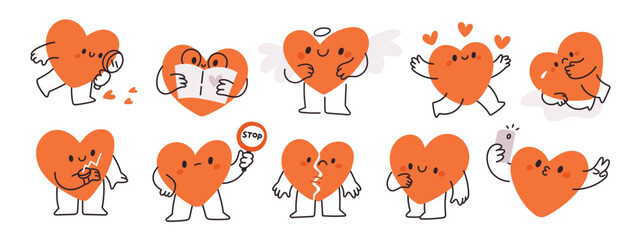 Cute hearts mascot characters. Health, lovely, sad, depressed, running hearts icon set. Flat graphic vector creative illustrations isolated on white background	