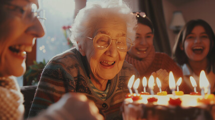 senior female grandma with candles celebrating birthday with cake smiling. Laughing elderly woman with glasses surrounded by family, blowing out candles.