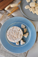 Top view of Healthy Snack Rice Cracker and Tempeh on Plate