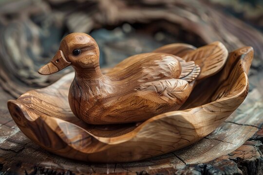 Wooden Duck Perched on Piece of Wood