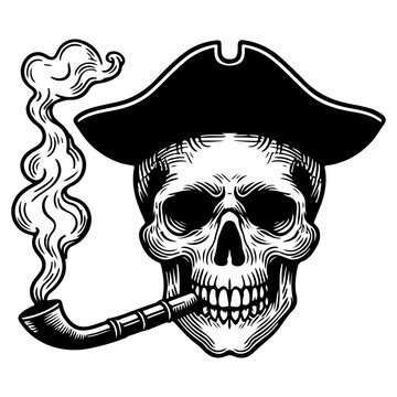 hand draw sketch black line art skull crossbones with cigarette or smoking vector illustration on isolated in white background