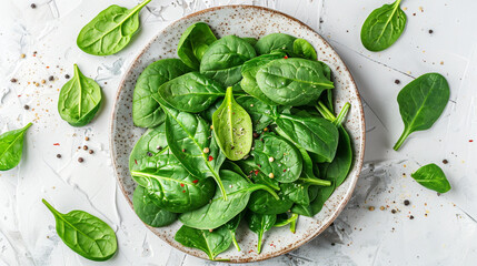 Obraz premium Fresh spinach leaves on white plate. Healthy vegan food, Top view сreated with Generative Ai