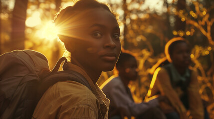 Obraz premium A group of black teenagers doing hiking activities, portraits of black teenagers on a background of mountains and sky, lifestyle concepts, activities