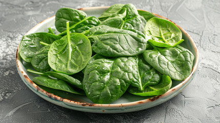 Fresh spinach leaves on white plate. Healthy vegan food, Top view сreated with Generative Ai