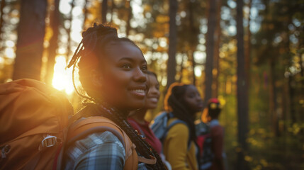 Group of teenagers doing hiking activities, lifestyle concept outdoors