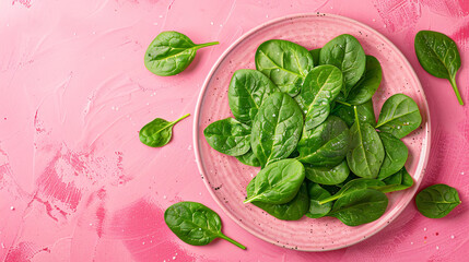 Obraz premium Fresh spinach leaves on white plate. Healthy vegan food, Top view сreated with Generative Ai