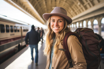 Young woman traveler on the platform of the railway station - obrazy, fototapety, plakaty
