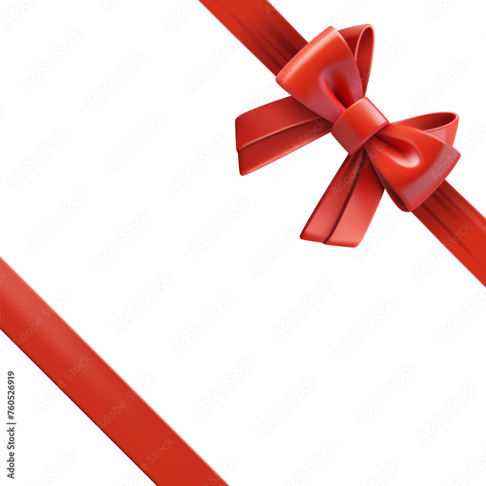 Poster red ribbon with bow on the top of gift box. design trmplate. 3d vector illustration