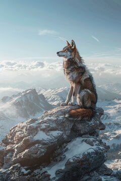 Wolf Sitting on Snow-Covered Mountain