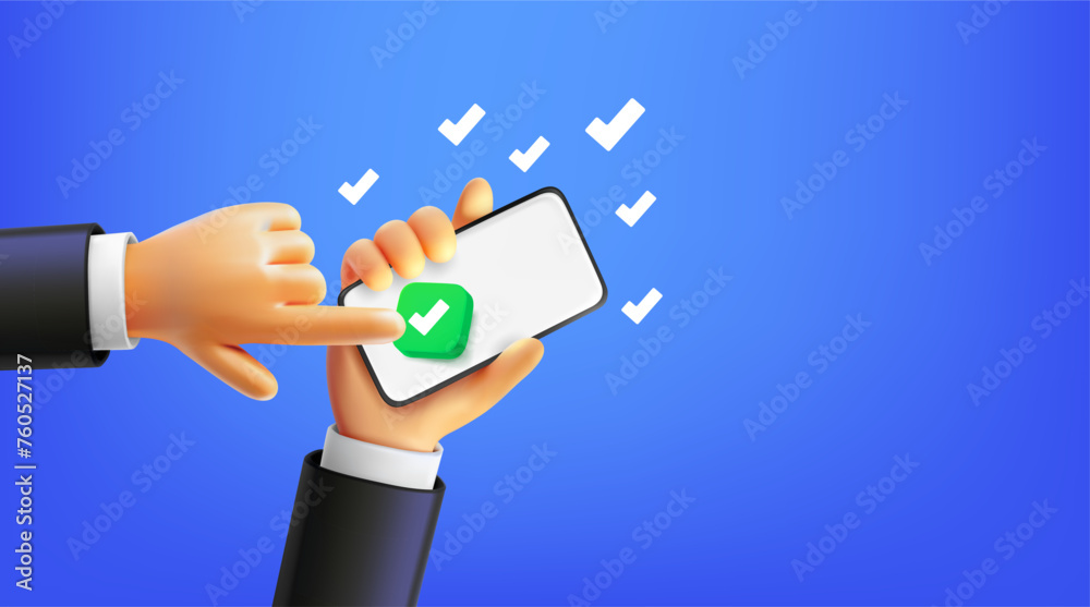 Poster Man using social mobile phone, pressing check button. 3d vector banner with copy space