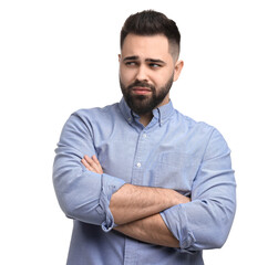 Portrait of sad man with crossed arms on white background