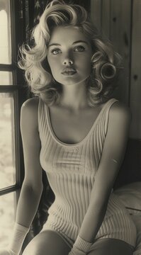 1950s Style Pin Up Girl with fair skin, vulnerable, shy, pleading, coquette, blonde wavy hair, coquette hairstyle, innocent eyes, see through shirt, curls, blonde bombshell, bouncy hair, pert, smooth