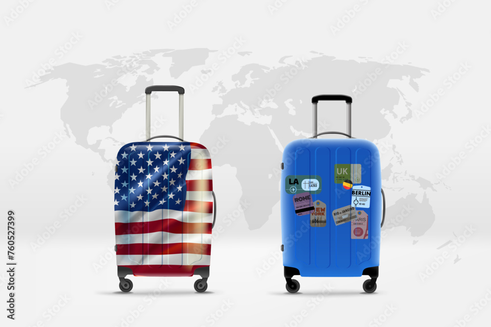 Sticker world travelling concept with two bags. 3d vector illustration