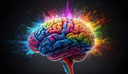 Creativity concept with a brain exploding in colors. Mind blown concept. white background 