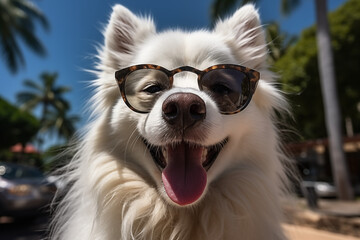A cheerful white dog wearing sunglasses is the epitome of cool as it enjoys a sunny day by the pool, with palm trees in the background.
