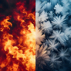 Ice and fire opposition - Illustration divided into two parts : ice on one side and fire on the other.