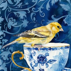 A painting depicting a bird perched on the edge of a teacup with delicate brushstrokes and vibrant colors