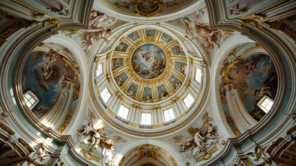 the inside of a dome with frescoes on the ceiling. The dome is white with gold accents and features a painting of a sky with clouds and sun. The walls are also painted with frescoes depicting religion