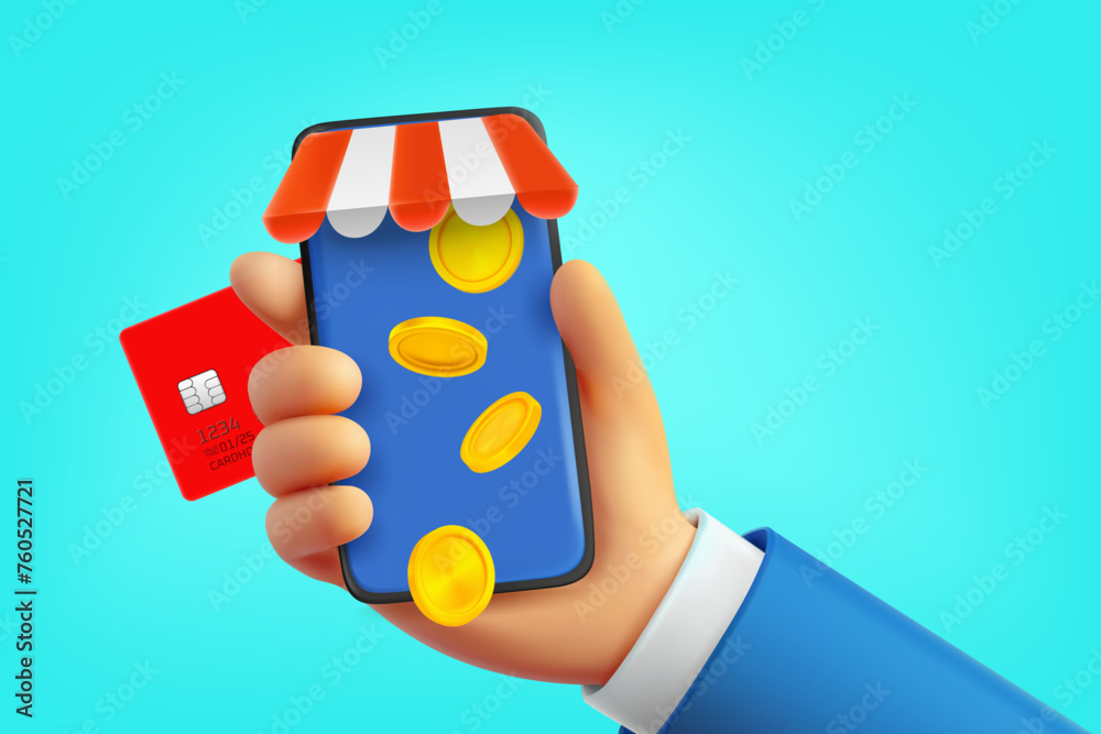 Poster Man using mobile phone for making purchases online. 3d vector concept