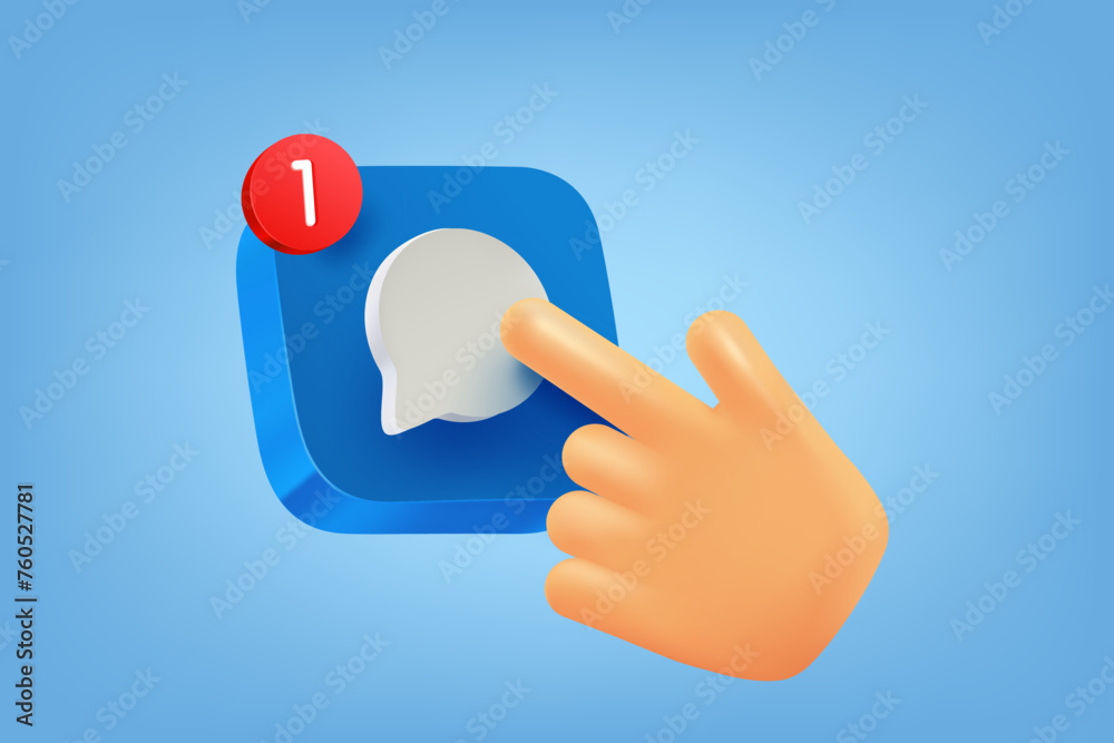 Poster hand pressing blue button with new message icon. 3d vector illustration