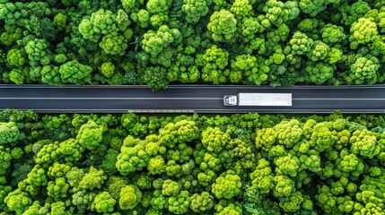 Drone view of car and truck driving on road through lush green forest, aerial top perspective