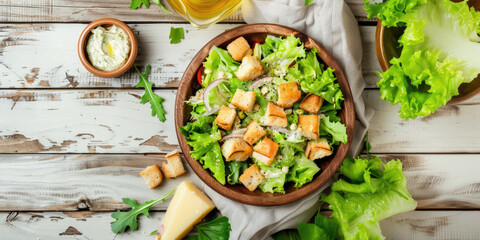 Delicious Caesar Salad on a Wooden Table - obrazy, fototapety, plakaty
