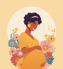 Beautiful pregnant black woman on background with flowers, happy pregnancy concept, mother s day modern card. Flat cartoon vector illustration.