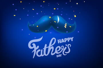 Happy fathers day greeting card with blue moustache. 3d vector illustration