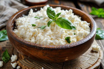 Homemade Italian ricotta cheese or cottage cheese with basil ready to eat сreated with Generative Ai