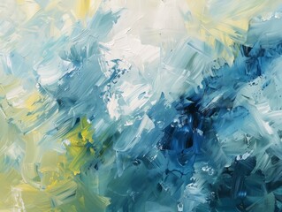 An abstract painting featuring vibrant blue and yellow colors in dynamic shapes and patterns